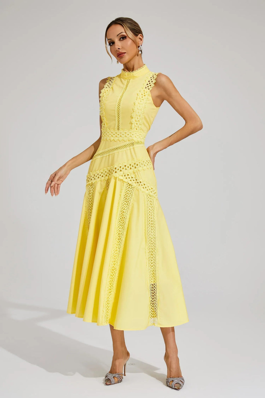 Olivia | Midi Wedding Guest Dress with High Neck and Cutwork Detail