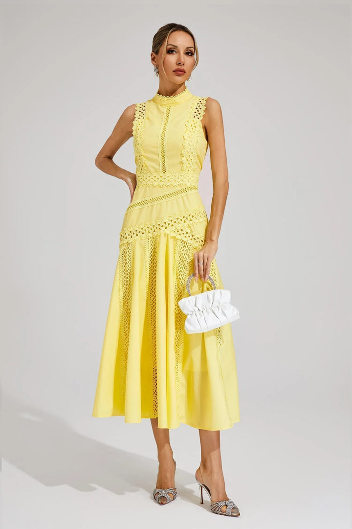 Olivia | Midi Wedding Guest Dress with High Neck and Cutwork Detail