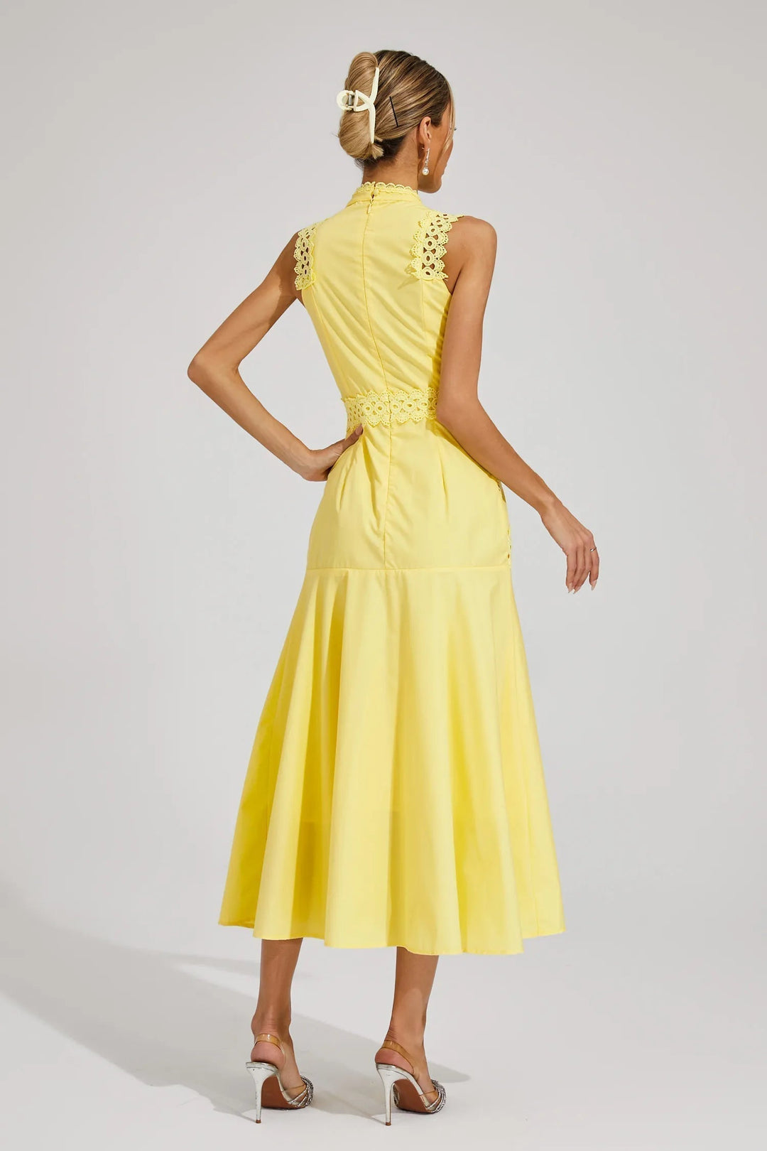 Olivia | Midi Wedding Guest Dress with High Neck and Cutwork Detail