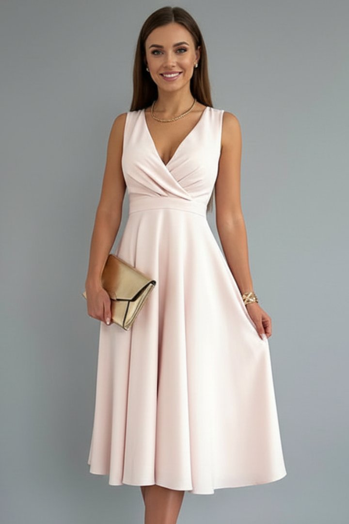 Women's Sleeveless V-Neck Midi Dress with Back Zip Detail
