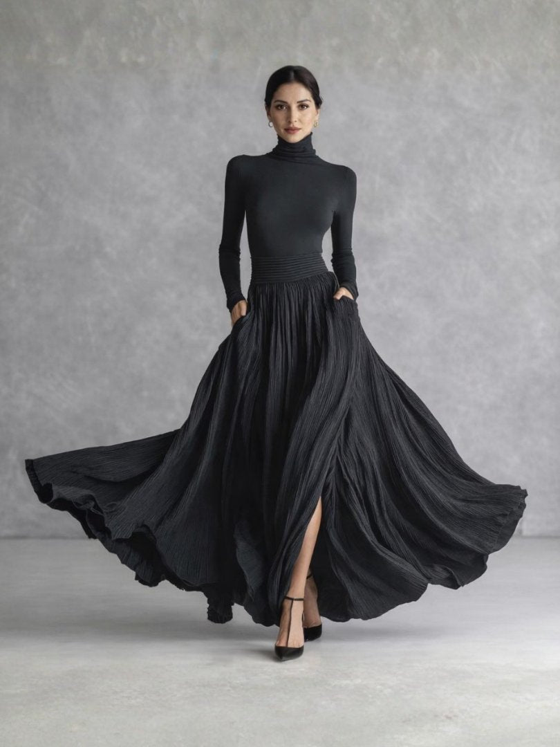Women's Turtleneck Pleated Full Skirt Maxi Dress Hero