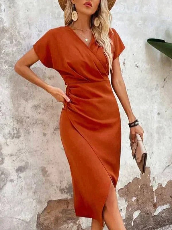 Linda | Midi Cocktail Dress with V-Neck Wrap and Ruched Waist