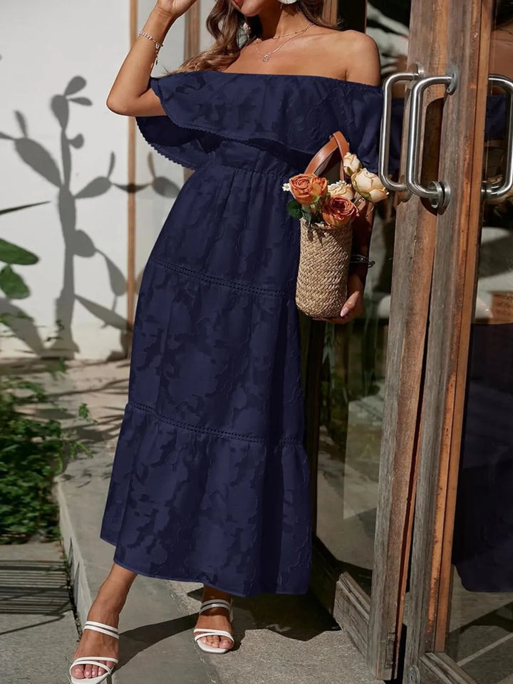 Mary | Midi Summer Dress with Off Shoulder and Stitched Detail