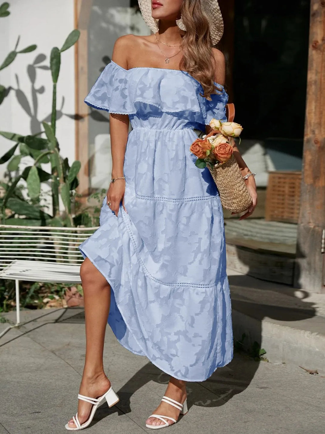 Mary | Midi Summer Dress with Off Shoulder and Stitched Detail