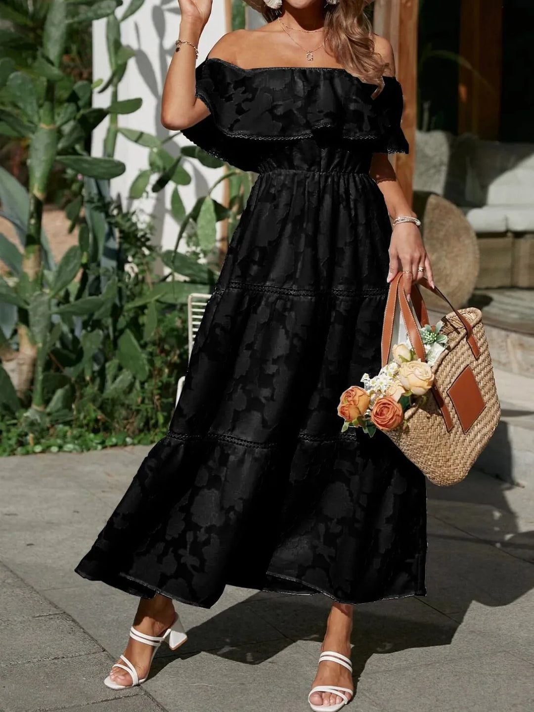 Mary | Midi Summer Dress with Off Shoulder and Stitched Detail