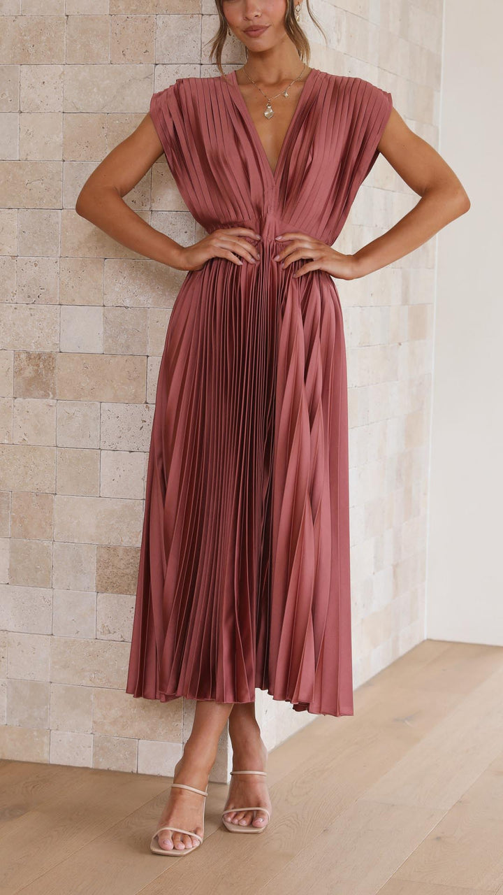 Faith | Midi Wedding Guest Dress with V-Neck and Pleated Skirt