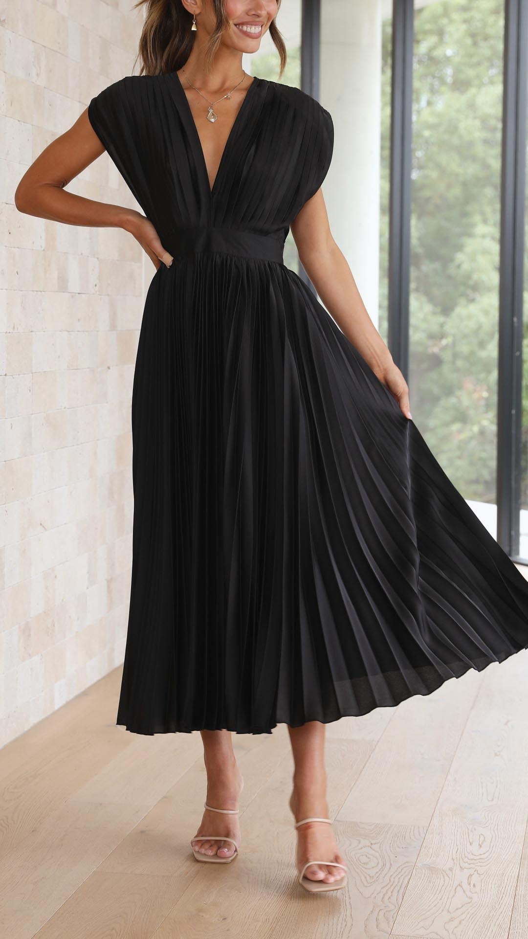 Faith | Midi Wedding Guest Dress with V-Neck and Pleated Skirt