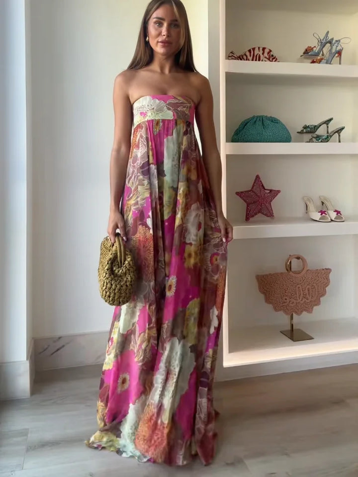 Anna | Maxi Wedding Guest Dress with Strapless Bodice and Floral Print