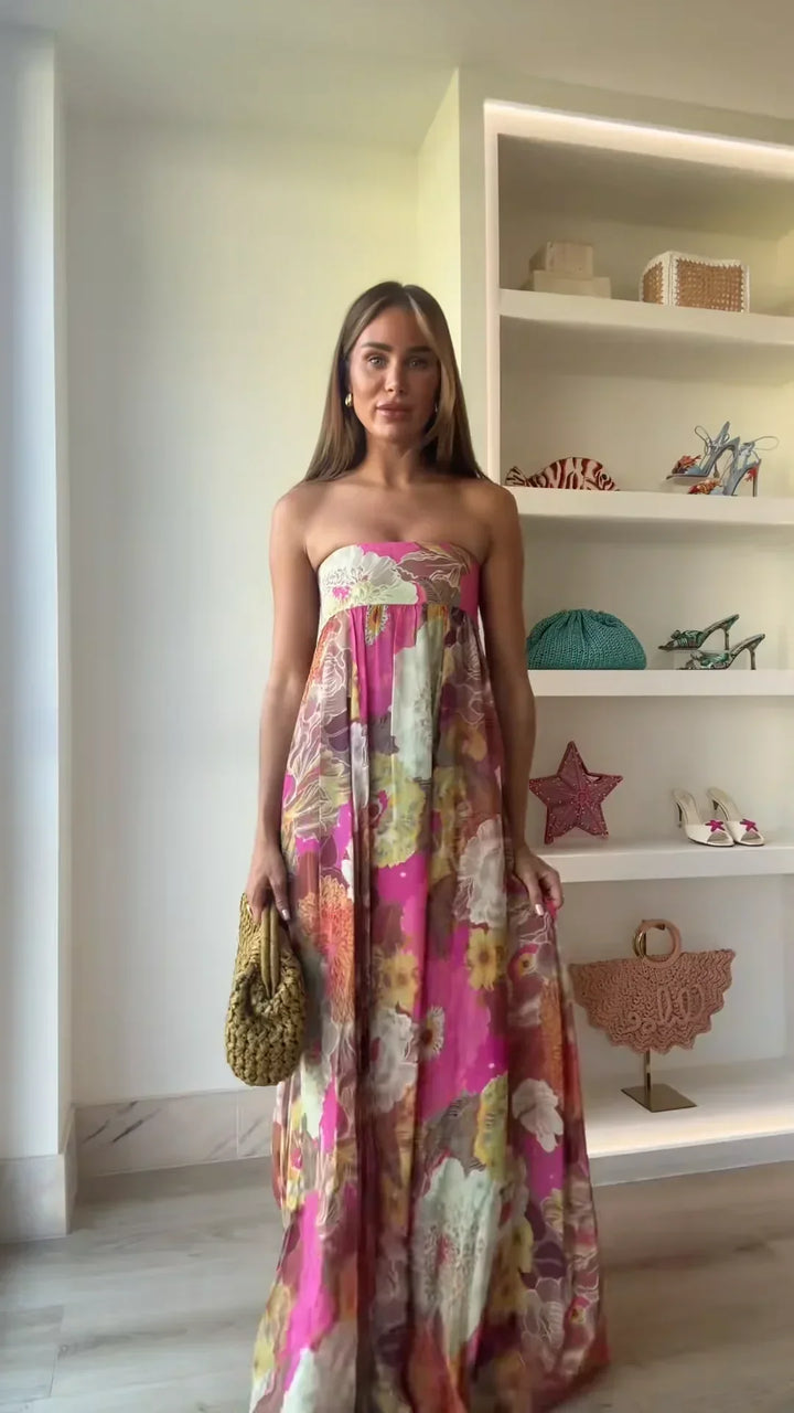Anna | Maxi Wedding Guest Dress with Strapless Bodice and Floral Print