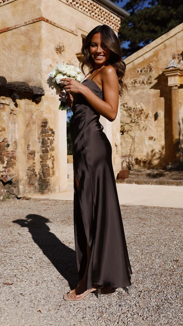 Laura | Maxi Wedding Guest Dress with Square Neck and Side Slit